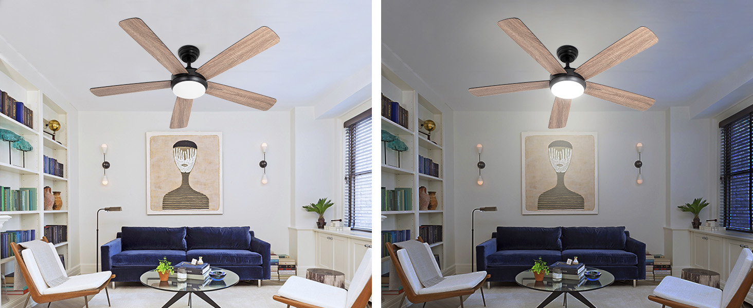 Comparison of wooden ceiling fans during the day and at night