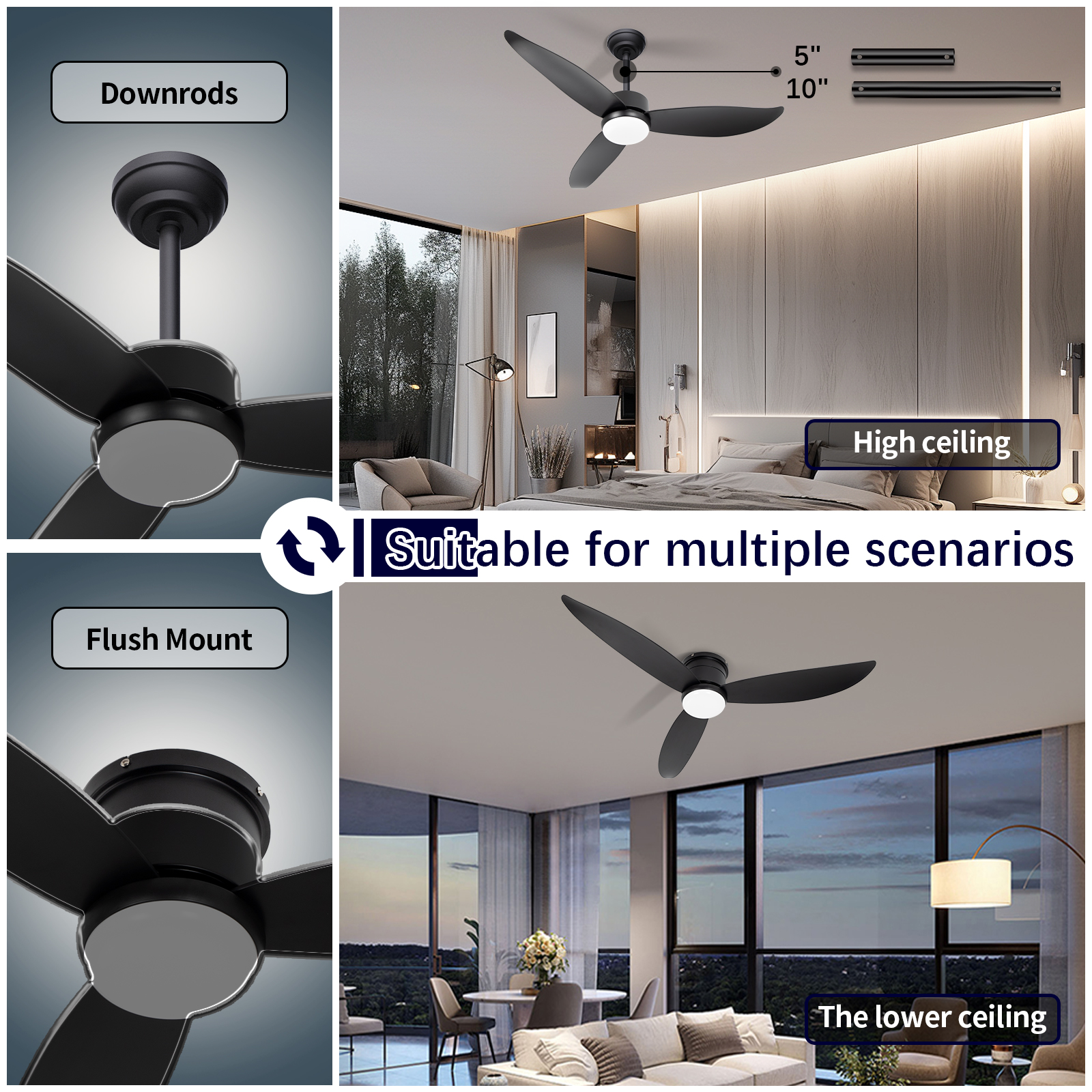 Black 18W 3CCT LED Low Profile Retractable Ceiling Fan Light