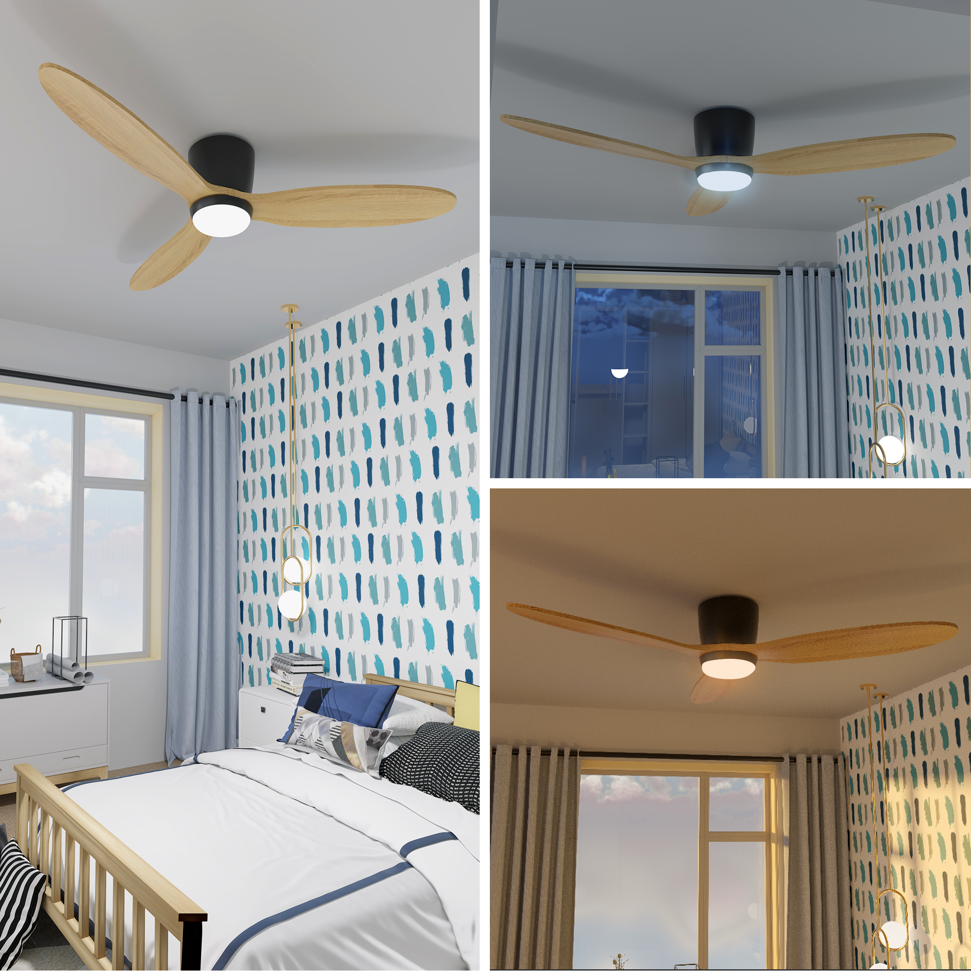 52 Inch Low Profile Flush Mount Ceiling Fan with Light