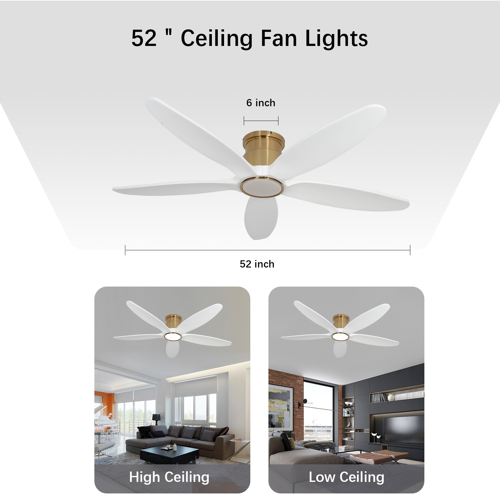 Ceiling Fan with Remote 52 Inch 5 Dual Blades White