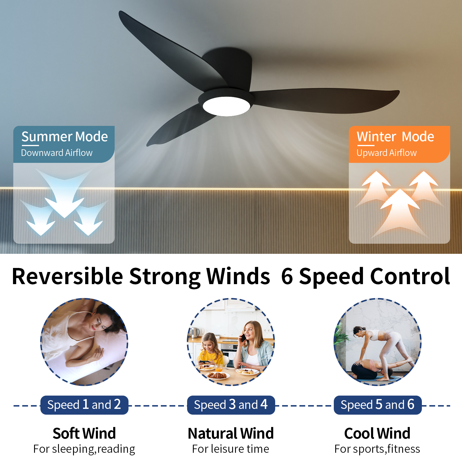 Black 52'' 6 Speeds with Remote Control Indoor Outdoor Ceiling Fans