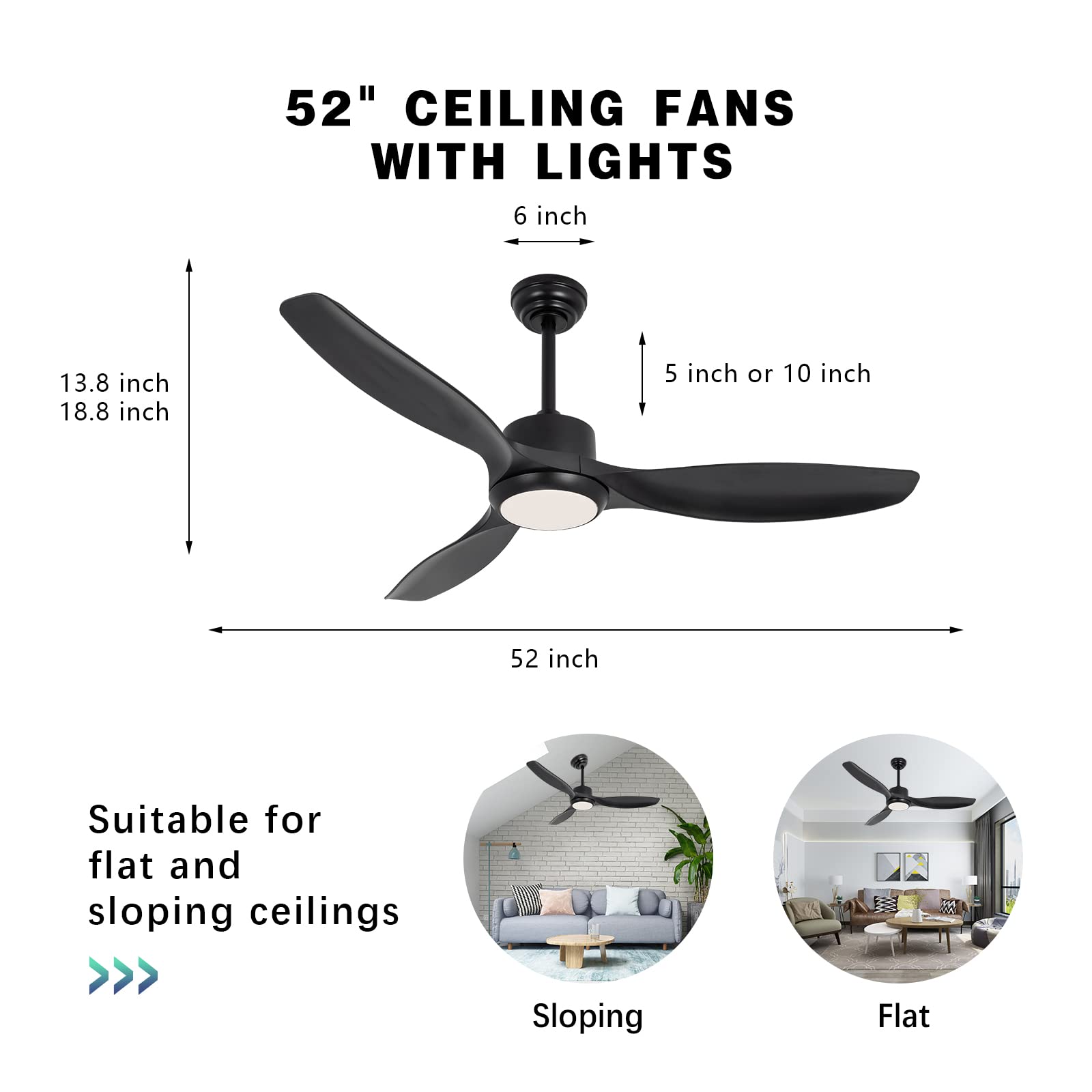 Modern Ceiling Fan with Light 52 Inch Black