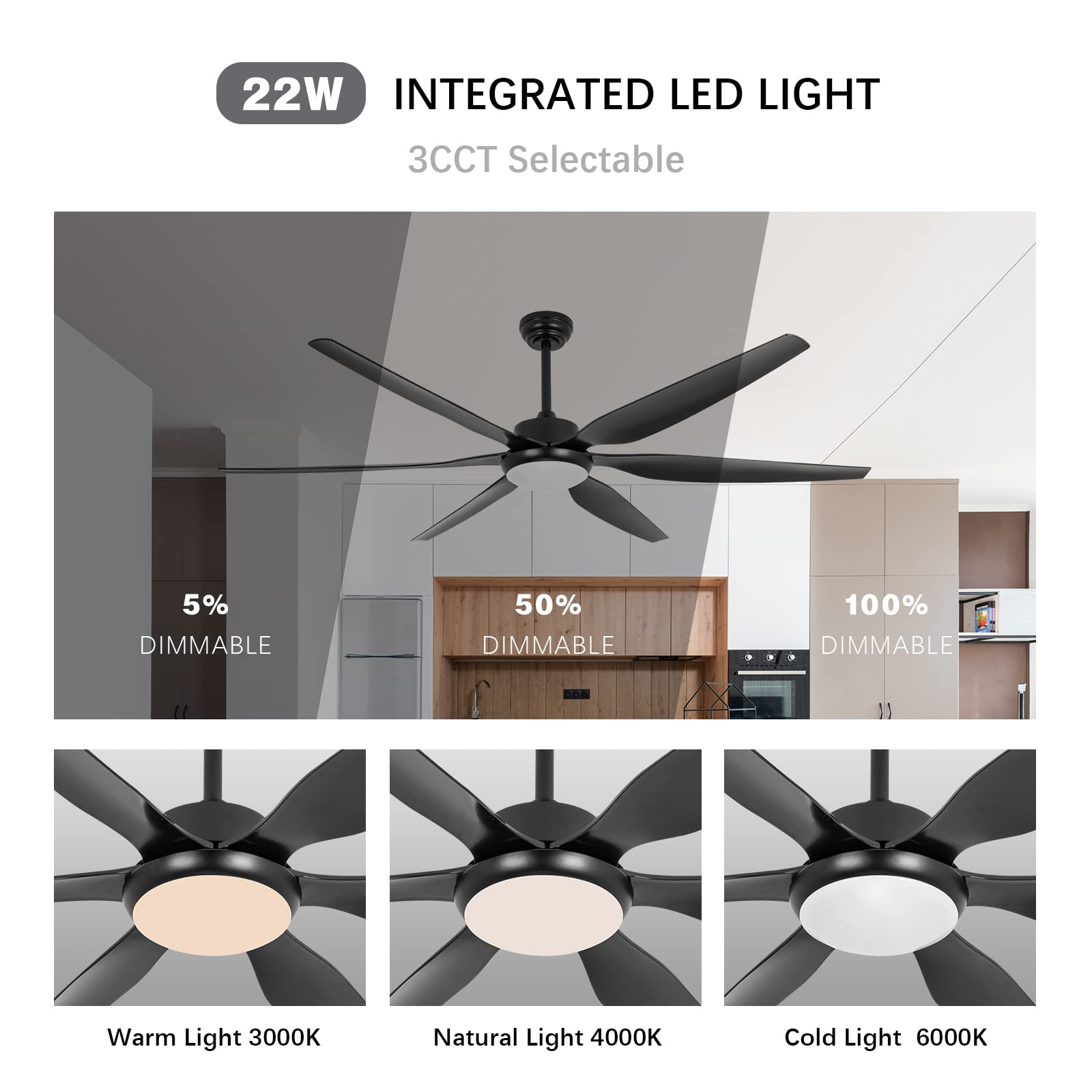 65 Inch Ceiling Fan with Lights and Remote Black