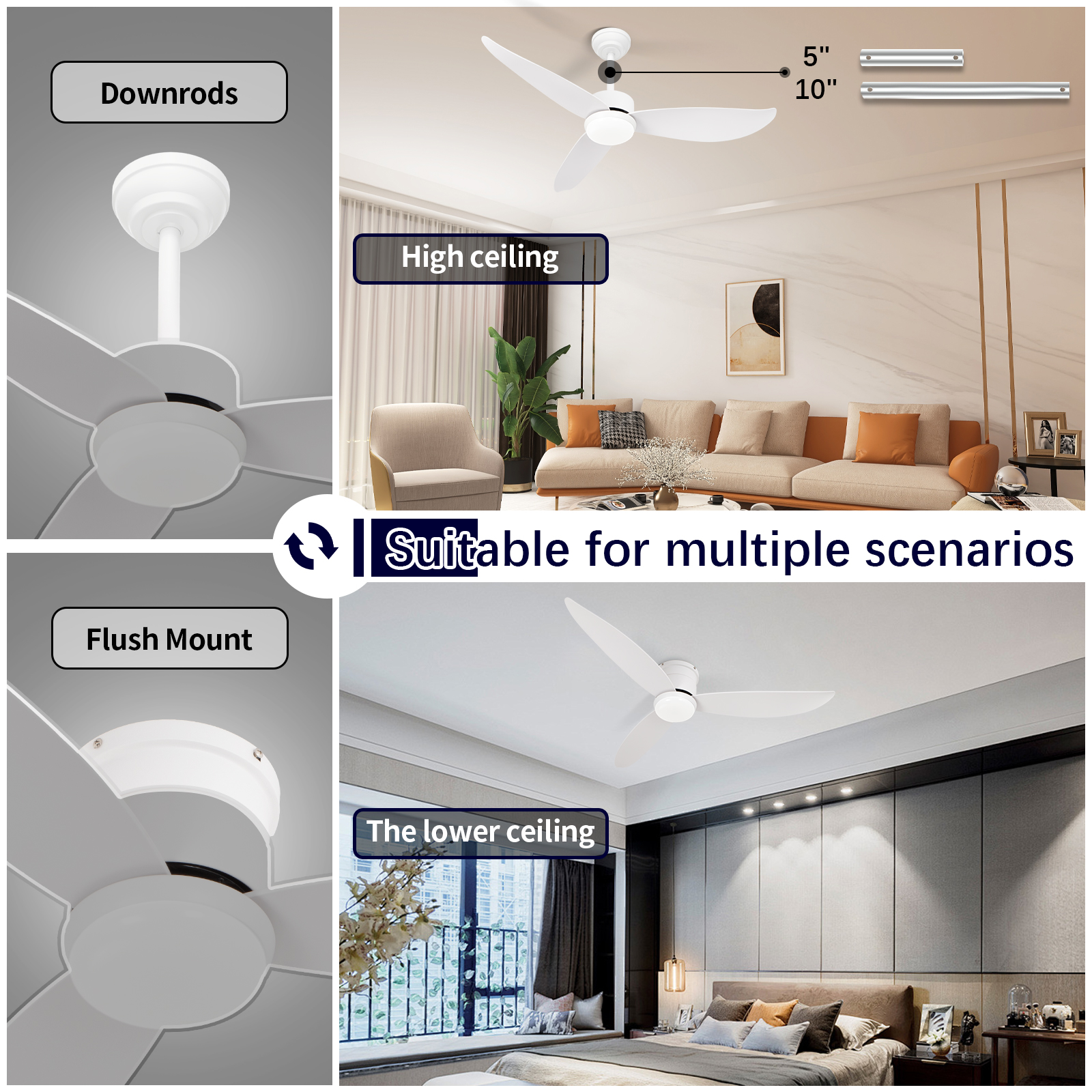 Modern 52In Dimmable LED Lights Remote Control Ceiling Fan