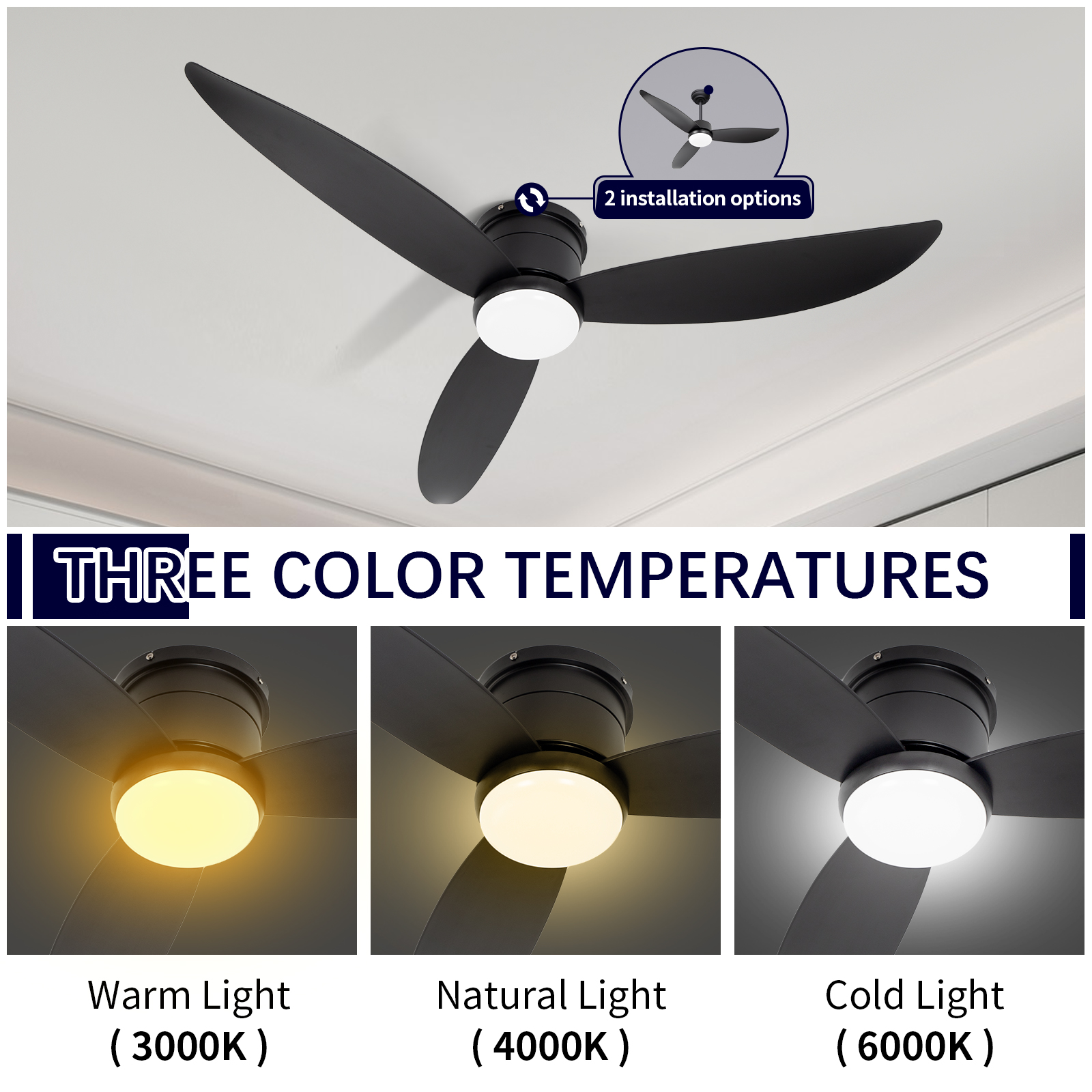 Black 18W 3CCT LED Low Profile Retractable Ceiling Fan Light