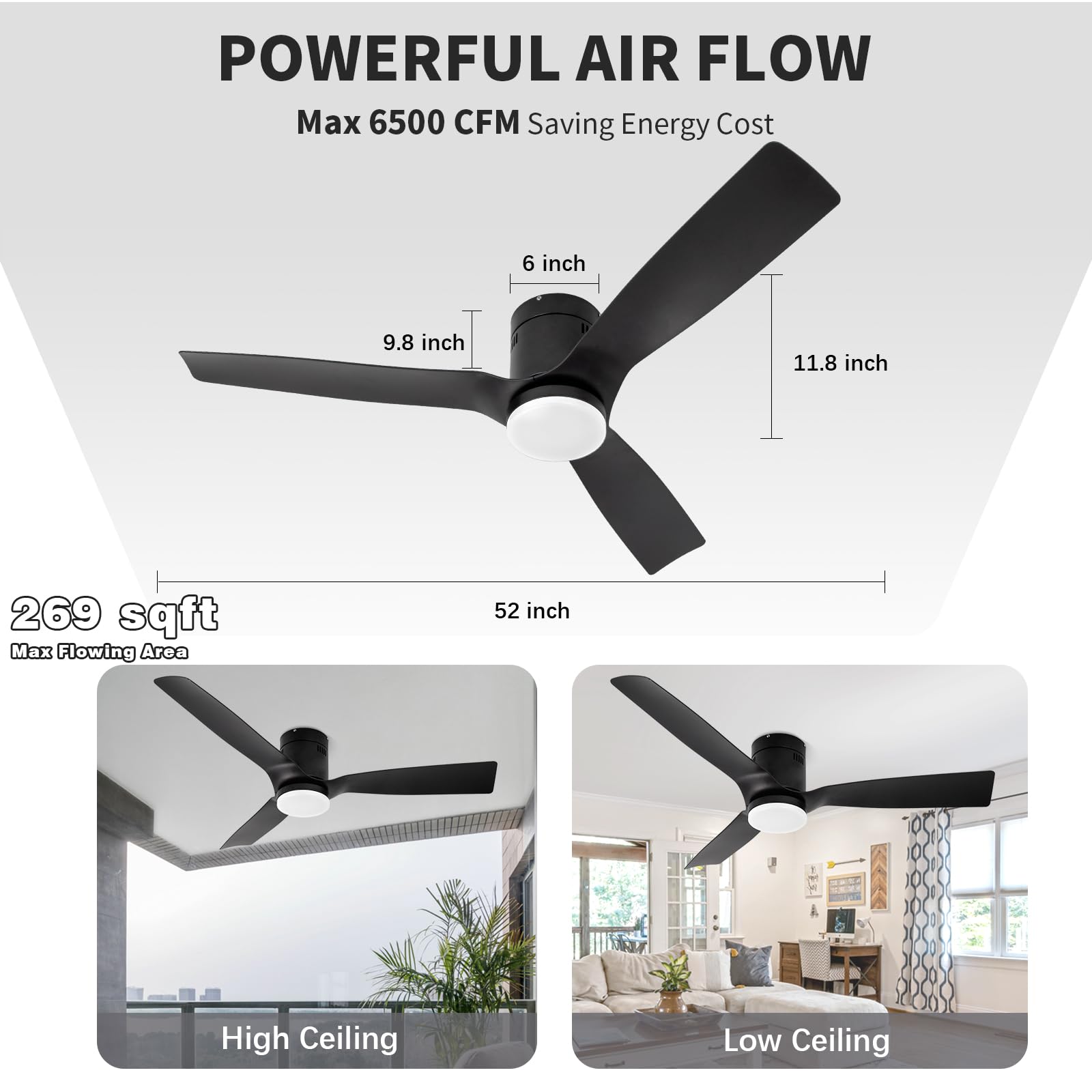 Low Profile Black Flush Mount Ceiling Fan 52 Inch