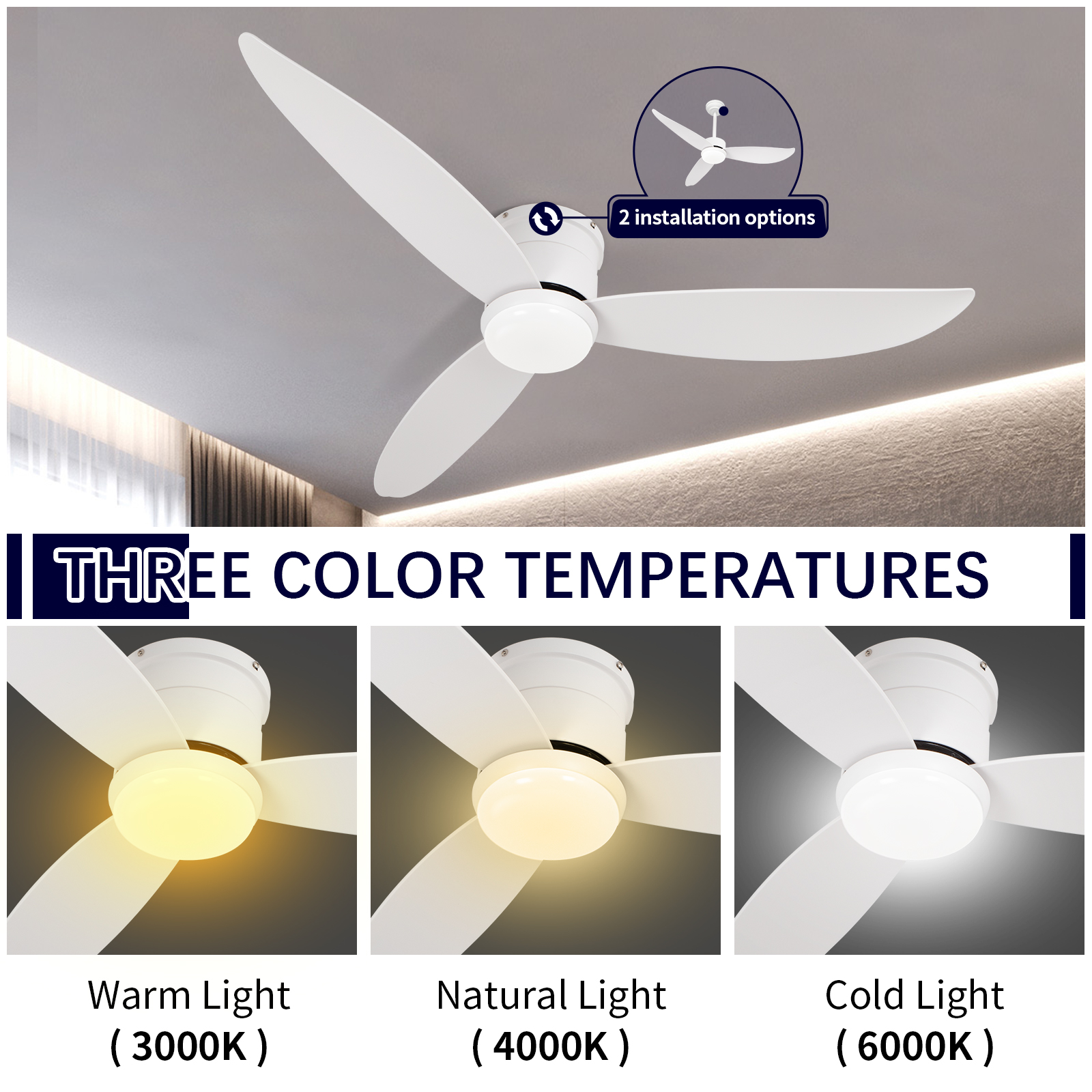 Modern 52In Dimmable LED Lights Remote Control Ceiling Fan